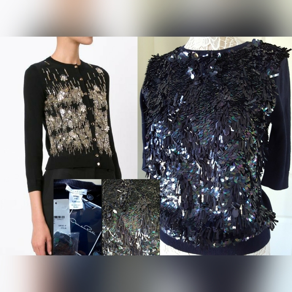 ♡$2,290 NEW W.TAG OSCAR DE LA RENTA VIRGIN WOOL SILK BLUE BEAD BLOUSE S/P